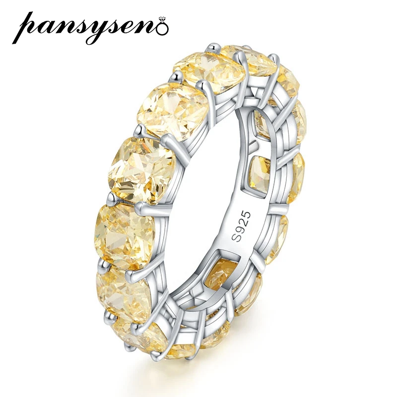 

PANSYSEN 18K White Gold Plated 925 Sterling Silver 5x5MM Cushion Cut Citrine Gemstone Cocktail Party Ring Women Wedding Bands