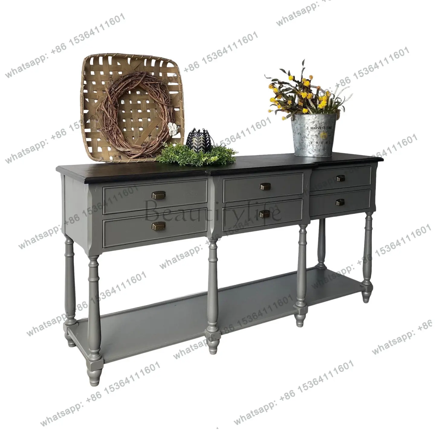 

American rural premium gray solid wood porch cabinet French retro porch table side cabinet