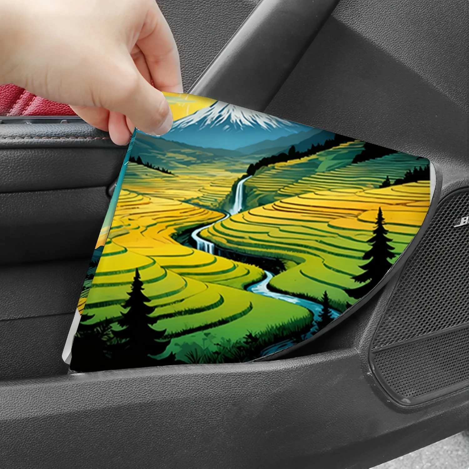 1pc Terraced Fields, Stream, And Snow Mountain Sunrise Scenery Printed Car Steering Wheel Cover - Heat Insulation, Sun Protectio