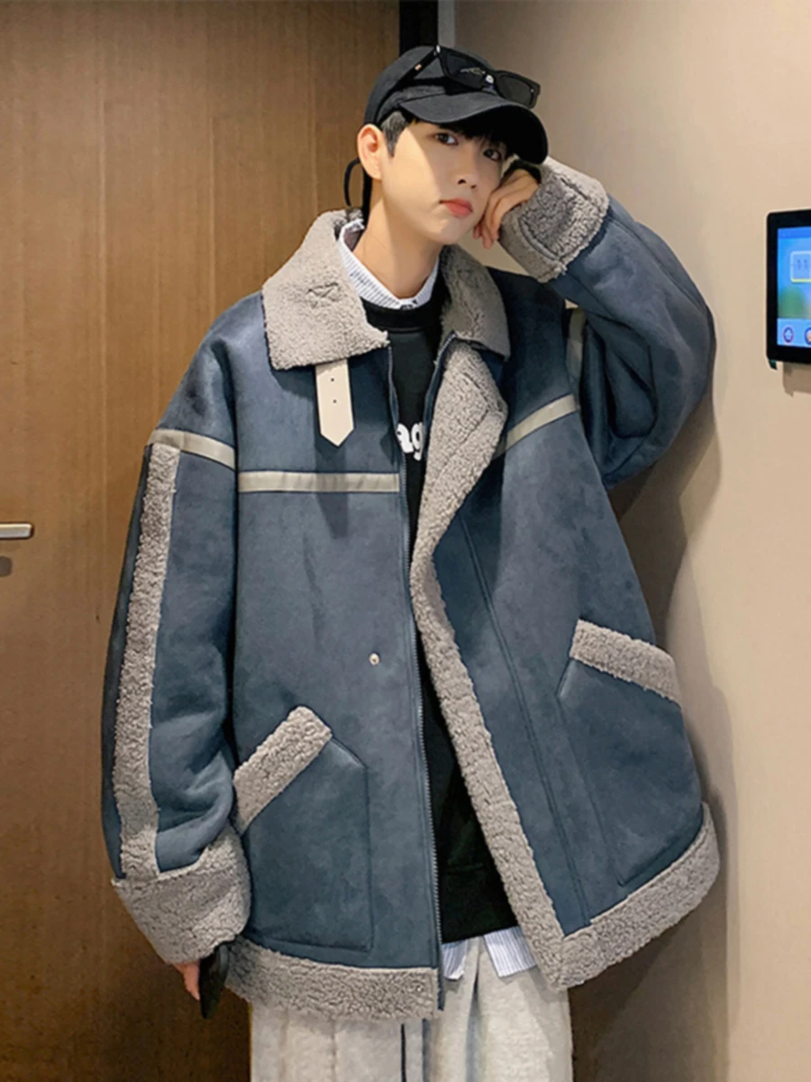 Свободное мужское хлопковое дэт на подкладке из овечьего меха, молодежная модная зимняя верхняя одежда, повседневное пальто на молнии из полиэфирного волокна