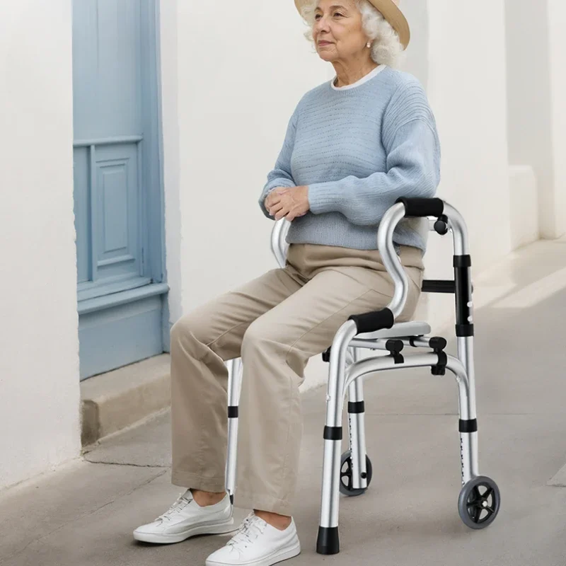 Quad Cane with Seat and Adjustable Height, Walking Aid for Elderly and Disabled Folding Walking Stick with Seat