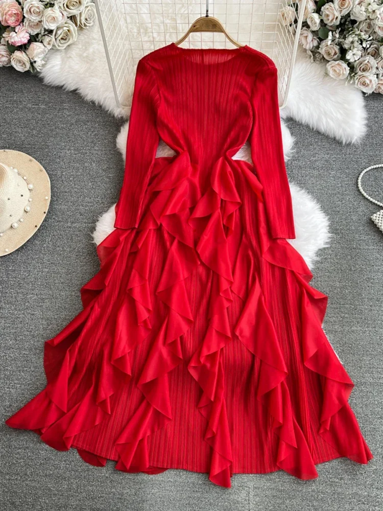 Autumn Women High Waist Pleated Ruffles Korean Version A-line Ball Gown Dress Mid Length O-Neck Long Sleeve Vestidos Spring New
