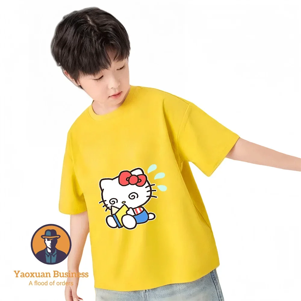 

2026 Hot Sale Trendy 2 14Y Pure Cotton T Shirt Hello Kitty Anime Design Summer Cool Kidswear