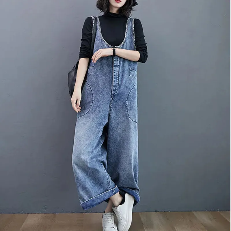 Jeans riemen hose für Damen Streetwear 2024 Frühling/Sommer lose weites Bein lange Jeans Mode lässig Student Denim Overall