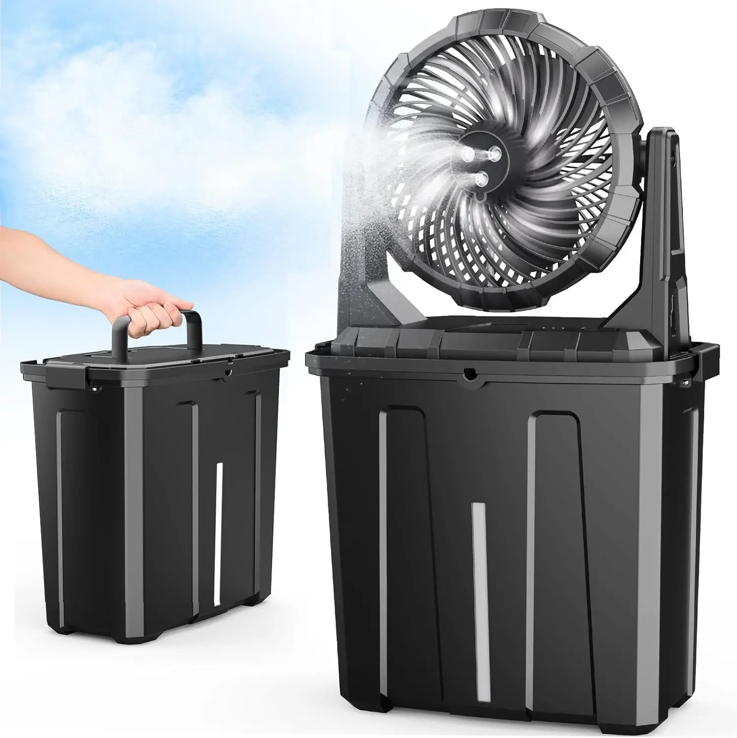 

Portable Misting Fan with 9L Bucket, 10-inch Outdoor Cooling Fan for Patio Camping Beach, USB Rechargeable Battery, 3 Speeds