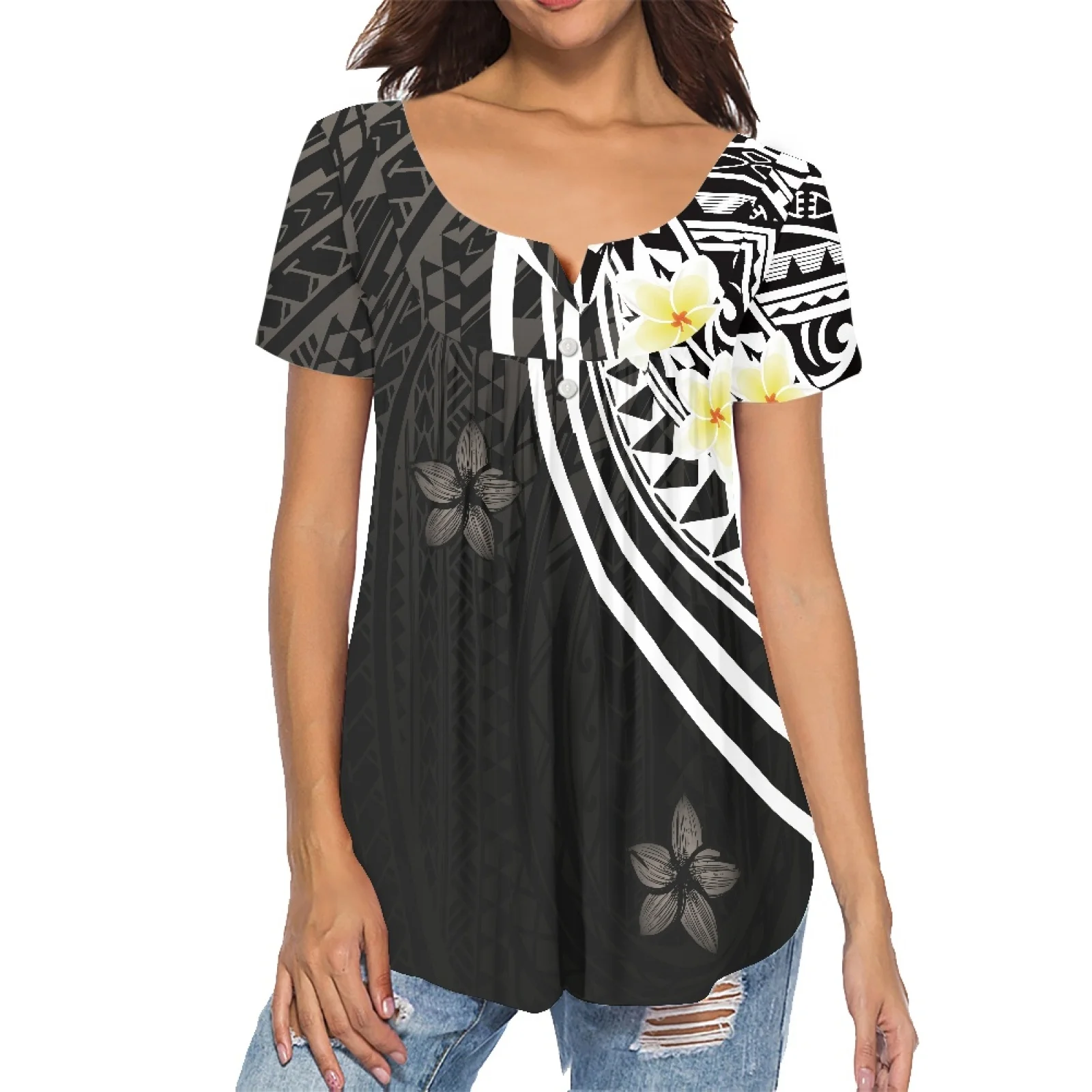 

Summer 2023 Sexy Close-Fitting Charming Ladies Pleated Buckle Shirt Polynesian Samoa Style Flags Pattern Print Girl Top