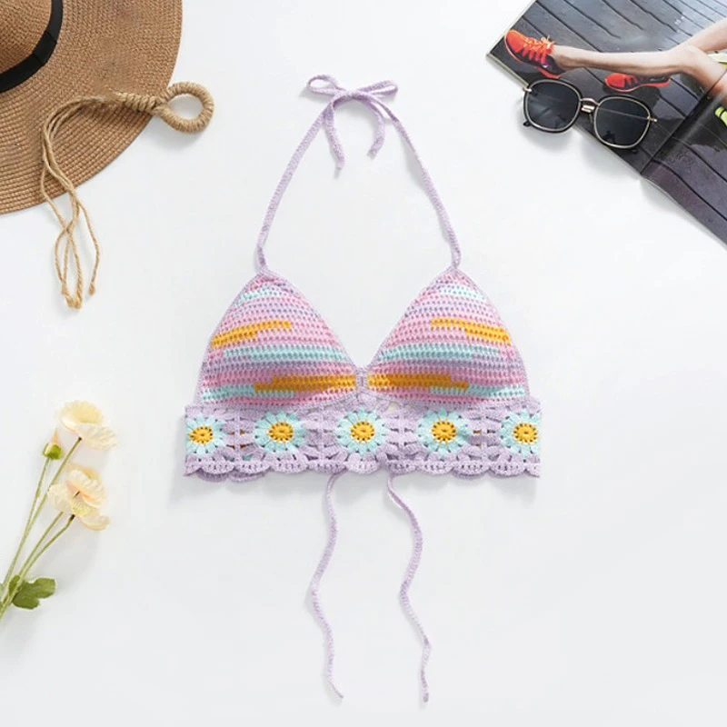 Sexy Bikini Crop Top Women Crochet Boho Beach Camisoles Bikini Bralette Halter Knit Bra Backless Beachwear Tank Top Vest