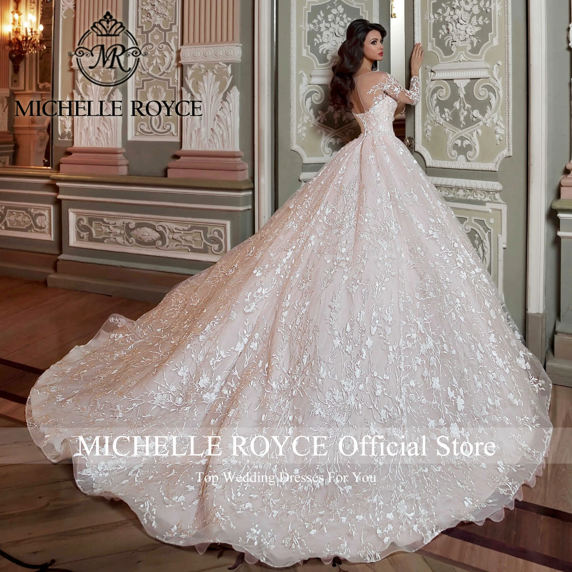 Michelle Royce Ball Gown Luxury Wedding Dress For Women Sweetheart Long Sleeves Appliques Lace Up Wedding Gown Vestidos De Novia