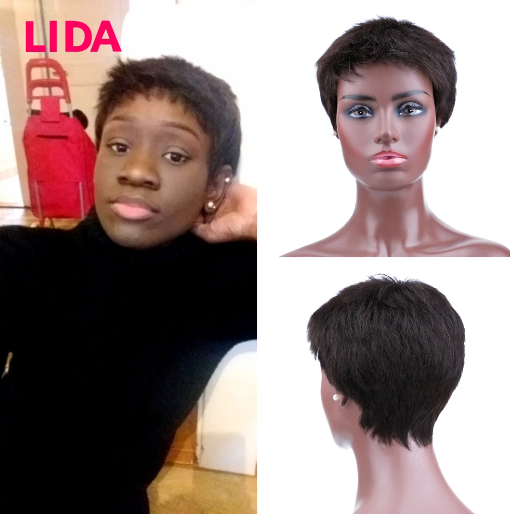 Lida – perruque naturelle Remy courte et lisse, faite à la Machine, Extensions de cheveux chinois, neutre, pour la vie quotidienne