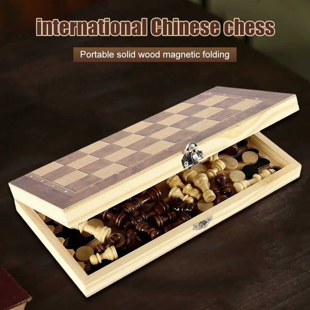 3 in 1 Chess Game Board Folding Storage Wooden Exquisite Chess Set Chess and Checkers Game Set Travel Chess Sets