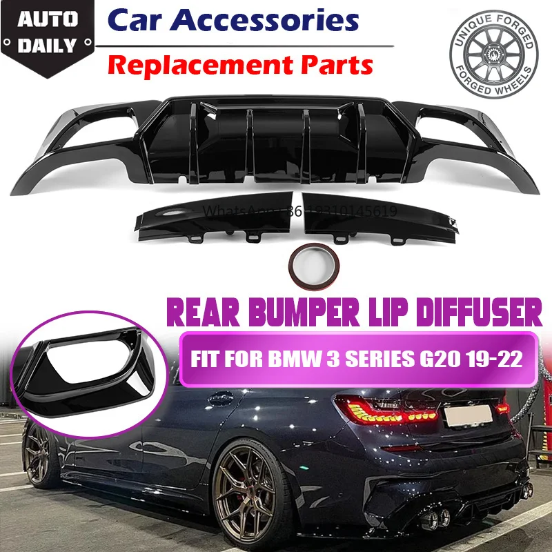 26 Style For 2019-2022 BMW 3 Series G20 G21 330i M340i Car Rear Bumper Lip Diffuser W/LED Carbon Fiber Gloss Black M Sport Acces