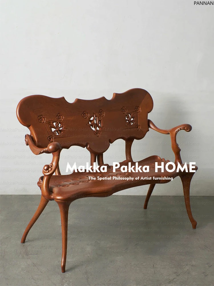 

Medieval vintage carver wood carving flower bench multi-person bench sofa chair