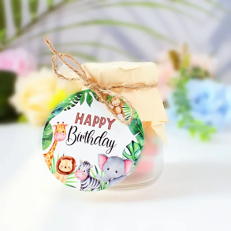 

20pcs Happy Birthday Thank You Gift Tags Label with Jute Twine for DIY Craft Packaging Jungle Safari Animal Theme Party Supplies