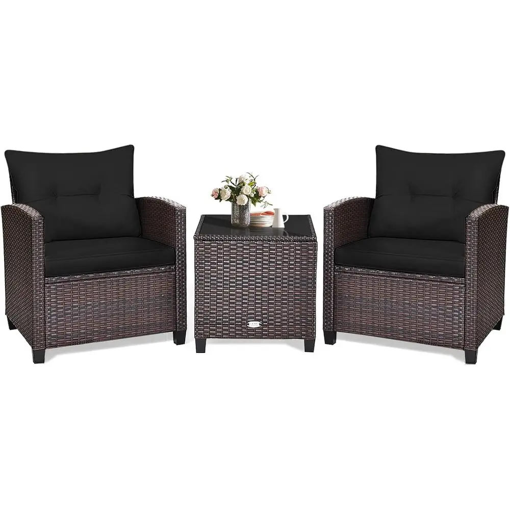 

3-Piece Outdoor Patio Furniture Set with Cushions and Glass Top, Black Rattan Wicker for Garden, Balcony