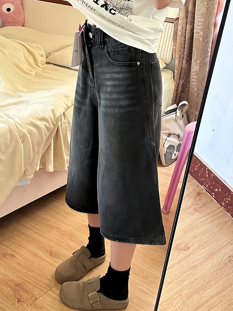 Cintura alta perna larga jeans feminino sle sete pés bla denim casual cintura alta solto ajuste anti-rugas jeans de verão