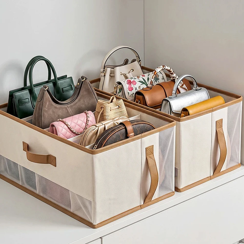 Closet Handbag Purse Organizer Foldable Clothes Handbag Storage Box with Handles Wardrobe Organizer Purse Bag Holder for Bedroom