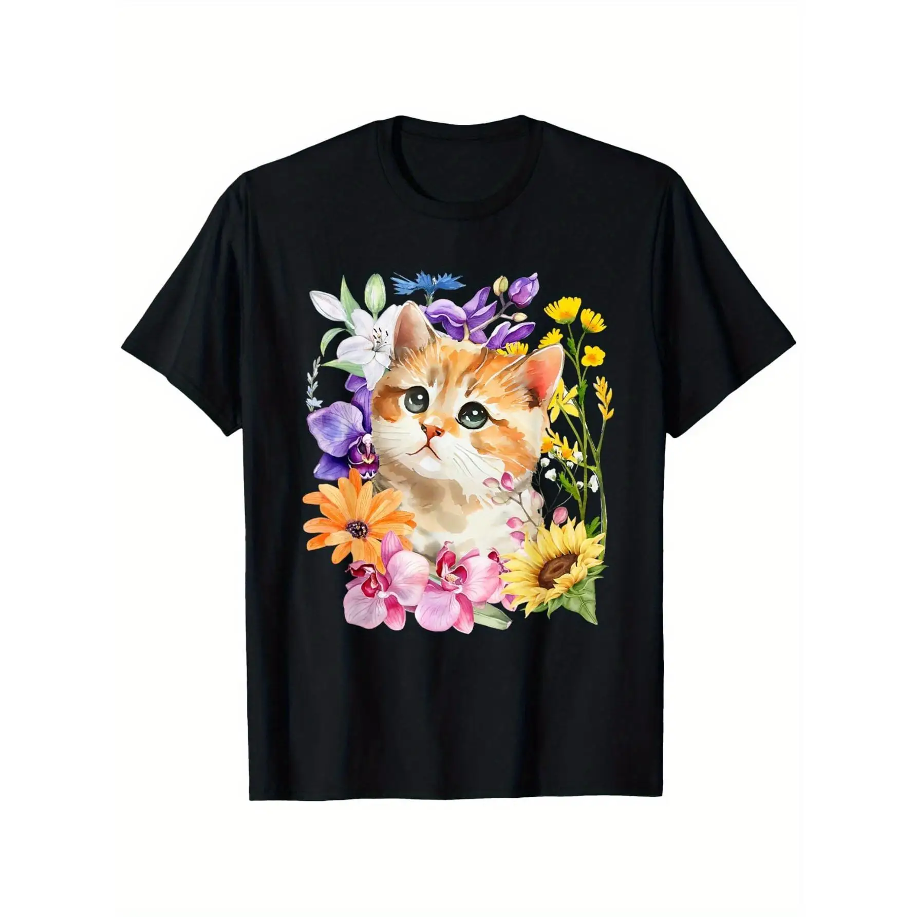 

Watercolor Cat & Flowers T-Shirt, Women's Aesthetic Kitten Graphic Tee,Cute Floral Print Top,Casual Spring Summer Pet Lover Gift