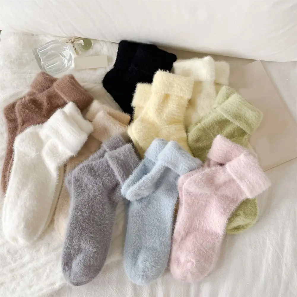 Solid Color Socks Women Mid-calf Socks Cozy Plush Women's Winter Socks Thick Warm Mid-tube Anti-slip Elastic Solid for Ladies