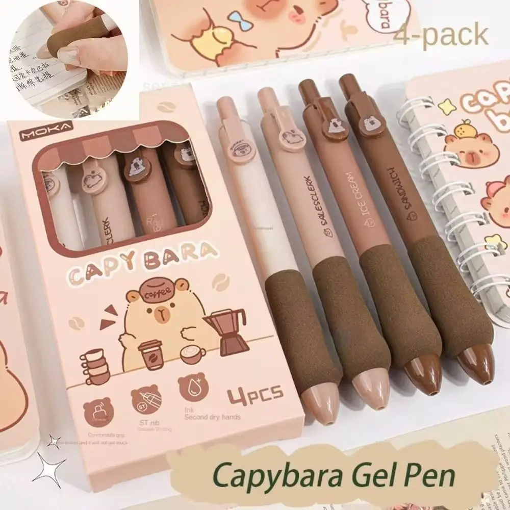 4pcs/set 0.5mm Capybara Gel Pen Black Ink Press Type Cute Pnada Gel Pen Sweat-proof Kawaii Strawberry Roll Cake Pen Kids