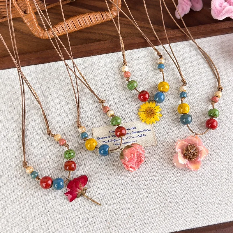 Minar Sweet Multiple Colorful Ceremic Beads Real Dye Rose Flower Pendant Necklaces for Women Adjustable Long Rope Chain Chokers