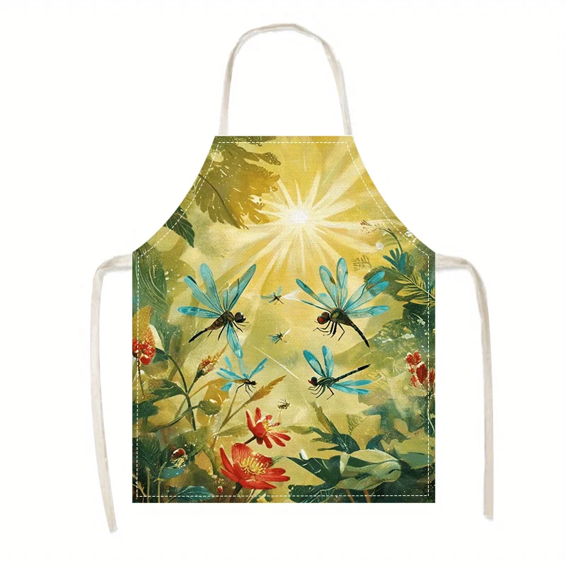 

1 шт., льняной фартук с рисунком стрекозы для кухни, выпечки, с цветочным узором, подарок для домашнего шеф-повара