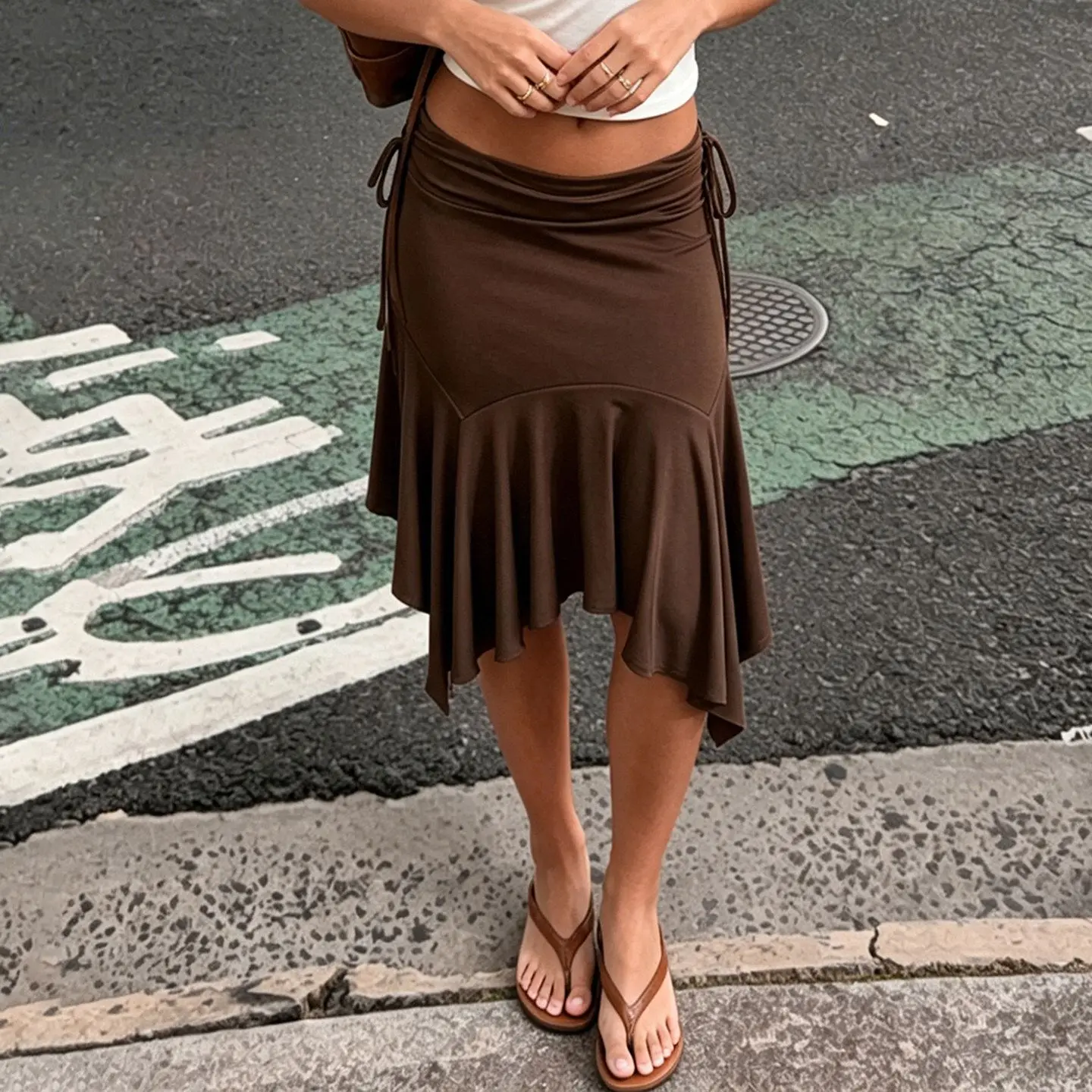 Retro Solid Color Low Waist Strap Stitching Irregular Design Skirt Basic Versatile Drape Mid Skirt Women