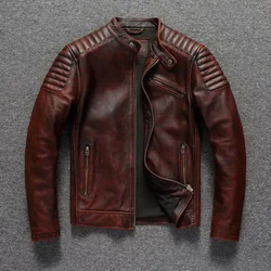 Men's Genuine Leather Jacket Natural Cowhide Hunting Jacket  Retro Motorcycle Jacket Spring Autumn Mens Clothes