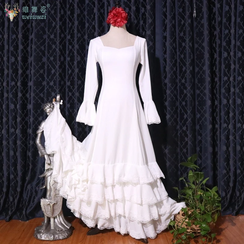 Kostium do flamenco hiszpańskiego dla kobiet, szyty na miarę, sukienka wyszczuplająca z długim rękawem, strój do występów na scenie w sali tanecznej.
