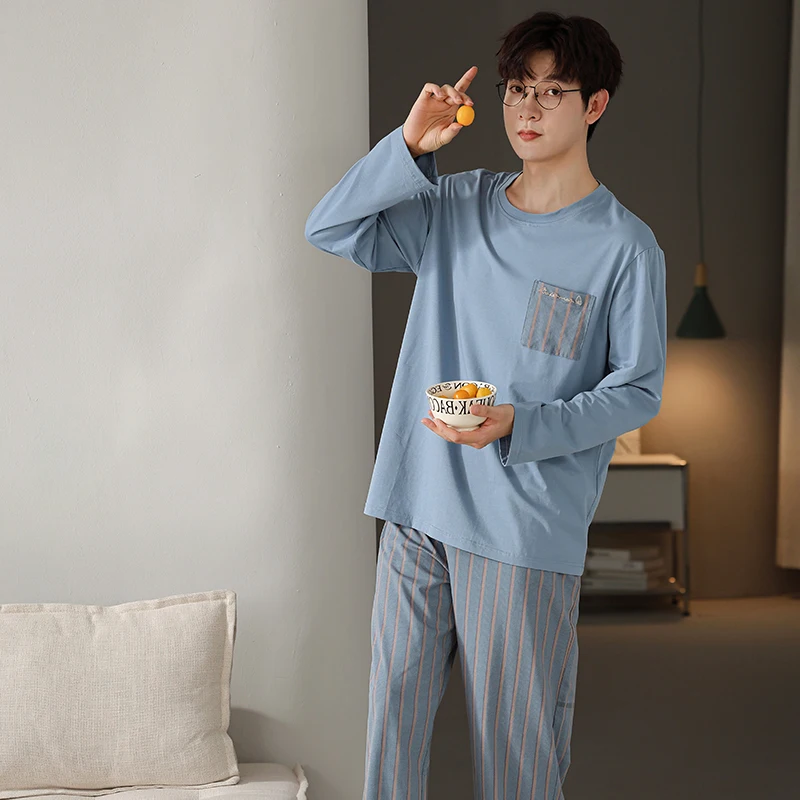 Men Pajamas Set Round Neck Long Sleeves Long Pants Autumn Winter Simple Sleepwear Casual Pyjamas Cozy Pijamas Boy Nighty Male Pj