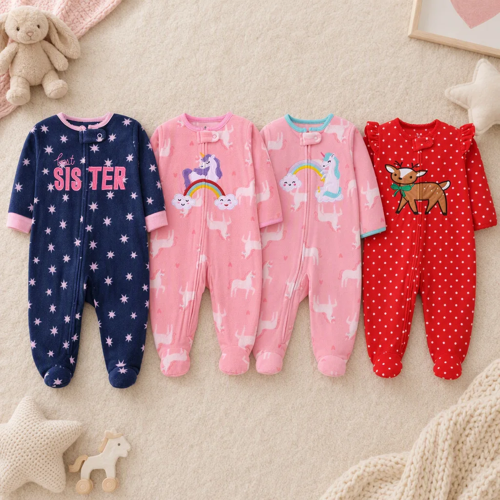 Infant Girls Letter Cartoon Embroidery Polar Fleece Footed Romper All-over Print Zipper Onesie Warm Autumn Winter Baby Clothes