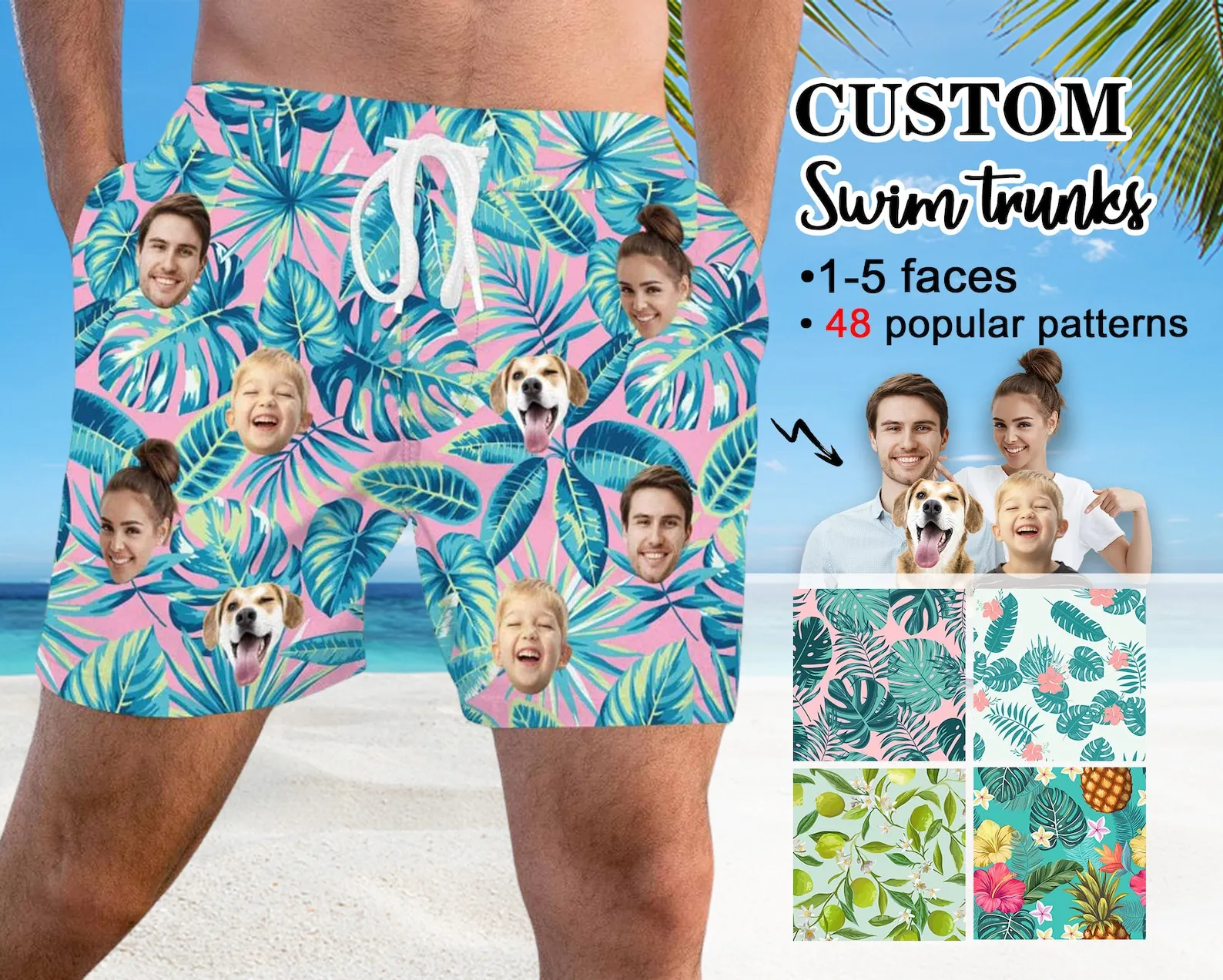 Personalize Face Hawaiian Shirt Swim Trunks Dress, Custom Men Women Kid Tropical Flower Hawaiian Shirt/Short with Face Logo