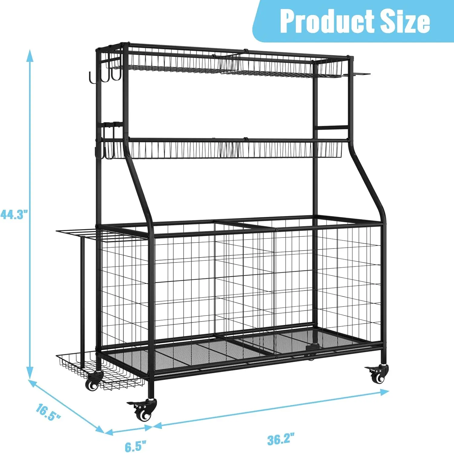 ที่จัดเก็บของในโรงรถพร้อมตะกร้าและตะขอ รถเข็นเก็บของแบบมีล้อสำหรับเก็บของเล่นและอุปกรณ์กีฬา