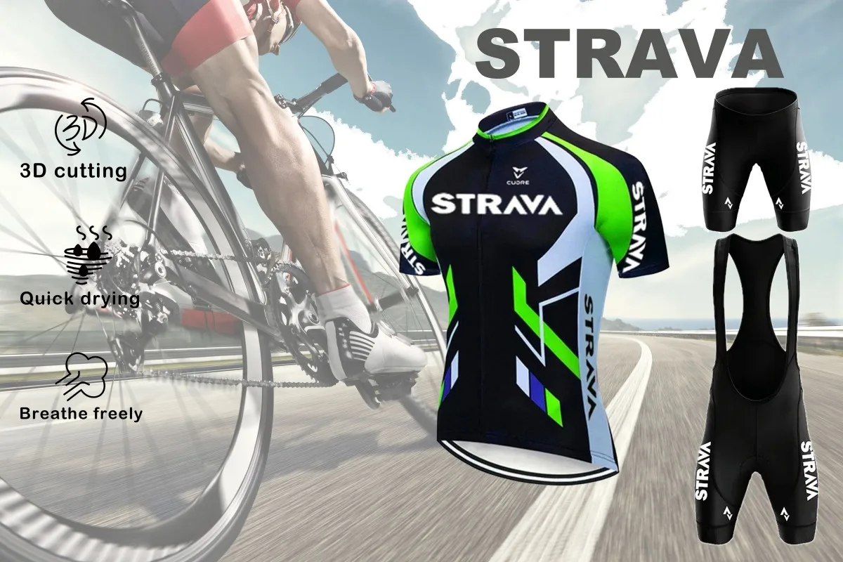 STRAVA Mountain Bike Road Bike Men's Summer Cycling Jacket Short Sleeve Bib Shorts Three-Piece Camping Riding Gear