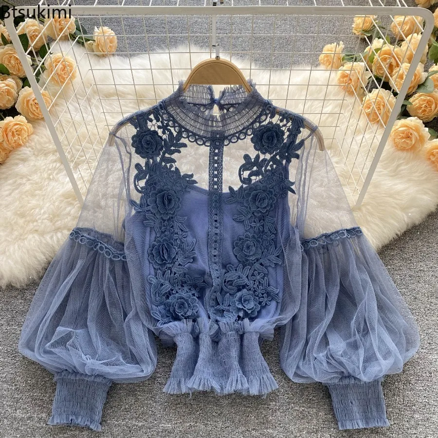 Women's Lace Bubble Long Sleeved Shirt Retro Fashion Elegant Shirt Three-dimensional Flower Collage See Through Mesh Ladies Top
