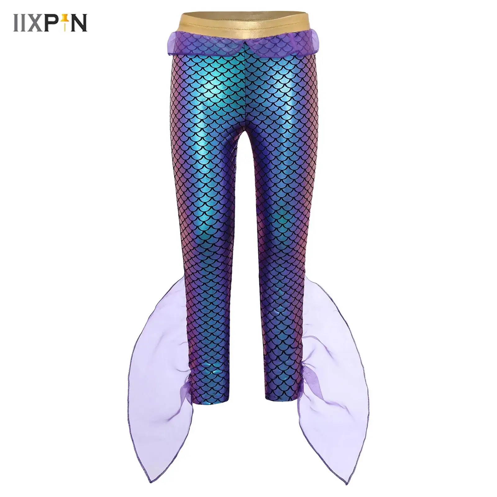 

Girls Mermaid Pants King of the Seas Costume Fish Scales Print Ruffle Swim Pants Beachwear Fancy Halloween Rave Cosplay Costume