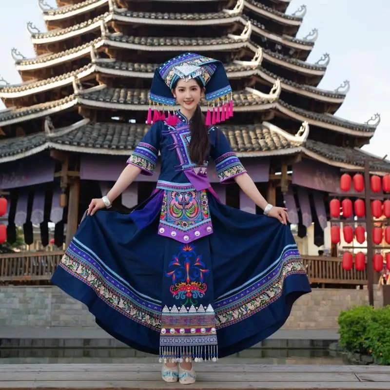Guangxi Zhuang Costume Women's Ethnic Performing Costumes Minority Adult Brocade Embroidered Dress