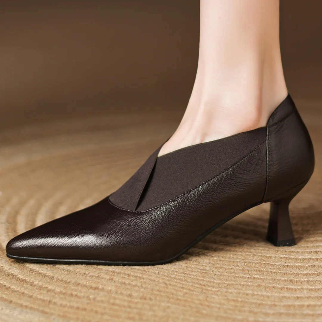 

Женские осенние туфли-лодочки без шнуровки из эластичной ткани из овчины в стиле пэчворк с острым носком 5,5 см, элегантные женские тонкие модельные туфли на каблуке в стиле OL