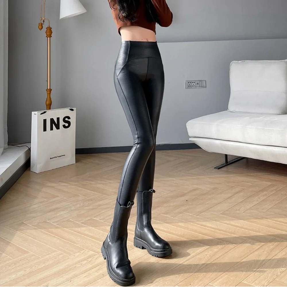 

Sexy Slimming Pu Leather Leggings Women Winter Autumn Black High Waist Tights Stretch Soft Thin Fleece Leggings for Women Pants