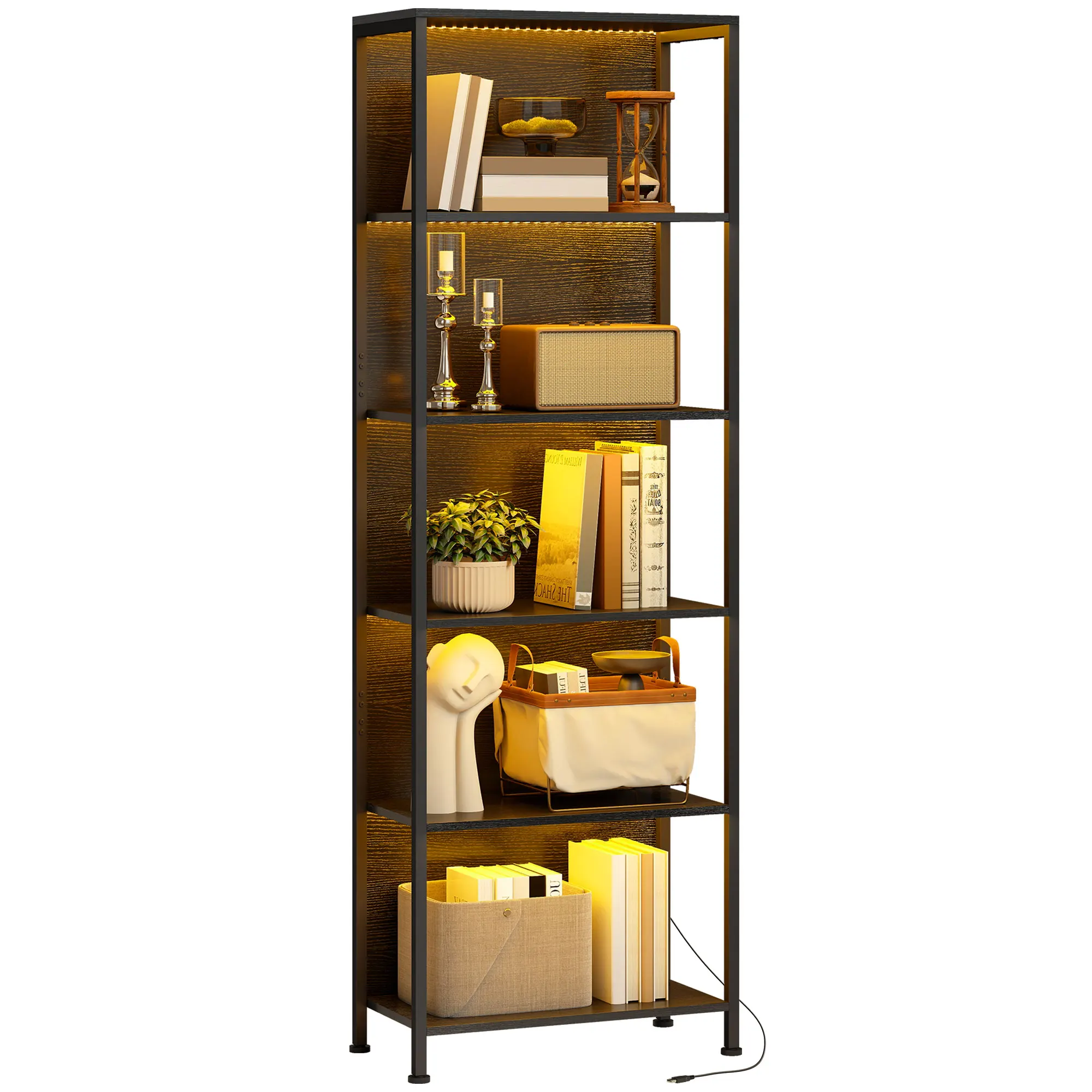 HOMCOM Librería de 5 Niveles con Luces LED de 7 Colores Estantería para Libros 60x30x179 cm Estantería Industrial Negro