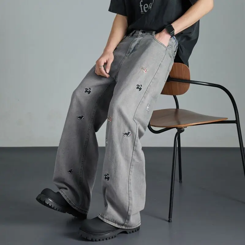Whth moda 2025 verão dos desenhos animados dos homens bordados calças jeans de rua alta vintage solto em linha reta perna larga jeans masculino 2a0775