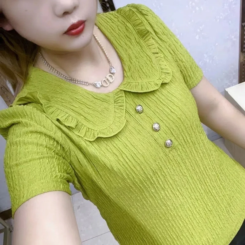 Peter Pan Collar Solid Color Pullover Button Summer Short Sleeve T-shirt Women\'s Clothing Casual Loose Summer All-match Tops