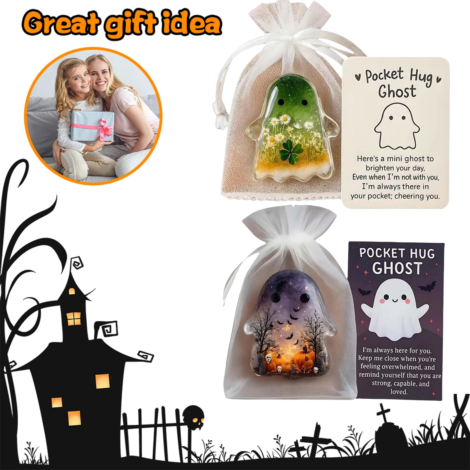 Taschen-Umarmung, Geister-Miniaturfigur mit motivierender Kartenfigur, Skulptur für Halloween, Weihnachten, geliebte Menschen und Freunde