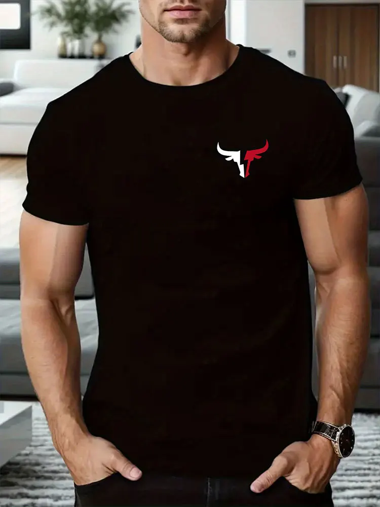 Summer Men's Casual Loose-Fit Short-Sleeve T-Shirt with Bull Head Print Men's Streetwear Crew Neck Short-Sleeve T-Shirt