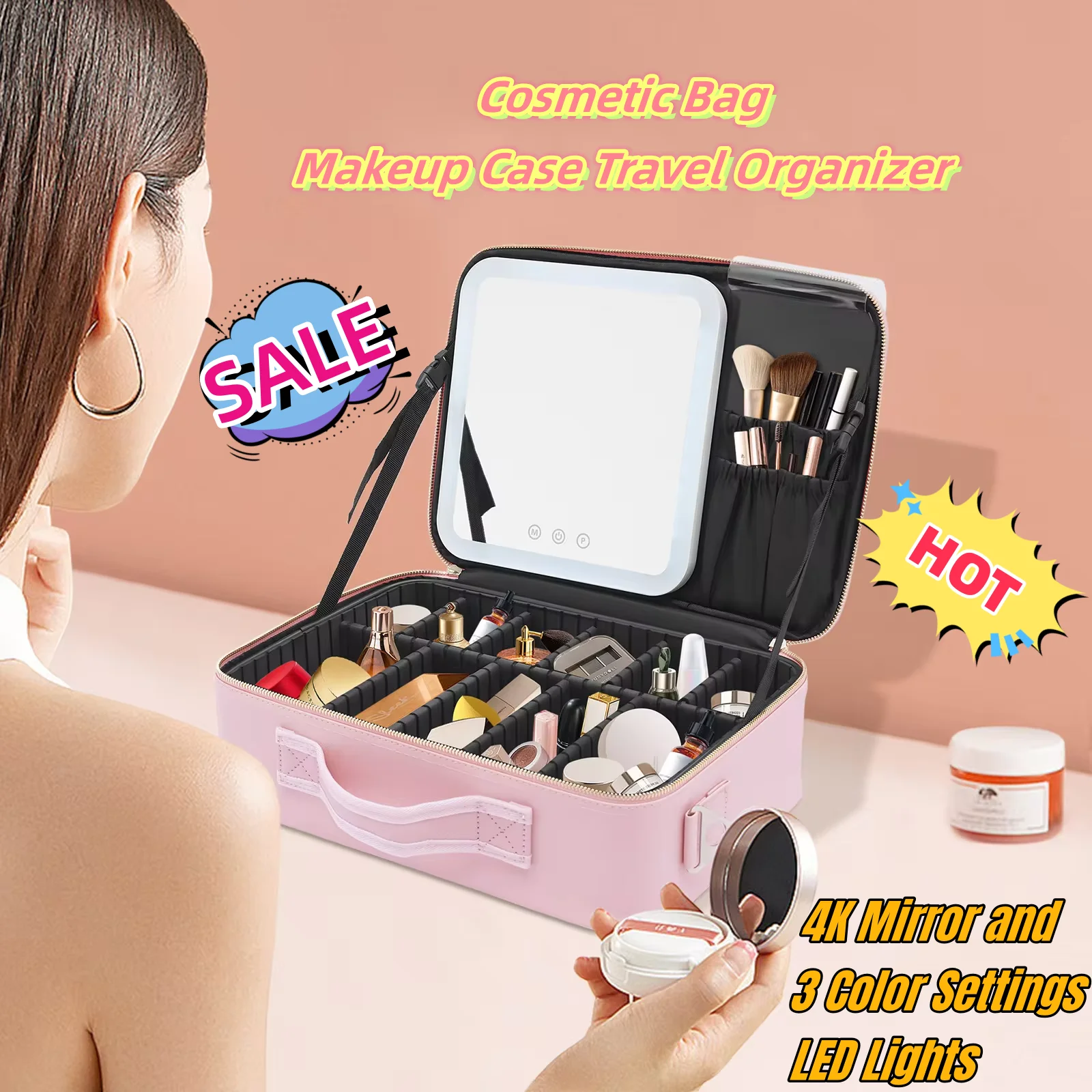 Portable Makeup Organizer storage Cosmetic Bag Case Travel Mirror and 3 Color Settings LED Lights