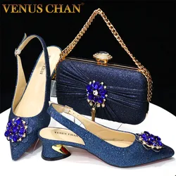 Venus Chan 2023 Navy Blue Fashion Style Pointed Toe Spike Heels Ladies Shoes Matching Bag Set For America Women Party Pump