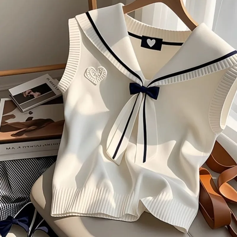 Loja de vendas leite branco gola marinha blusa feminina colete primavera verão nova gola boneca blusa coreano usar colete de malha boa aparência