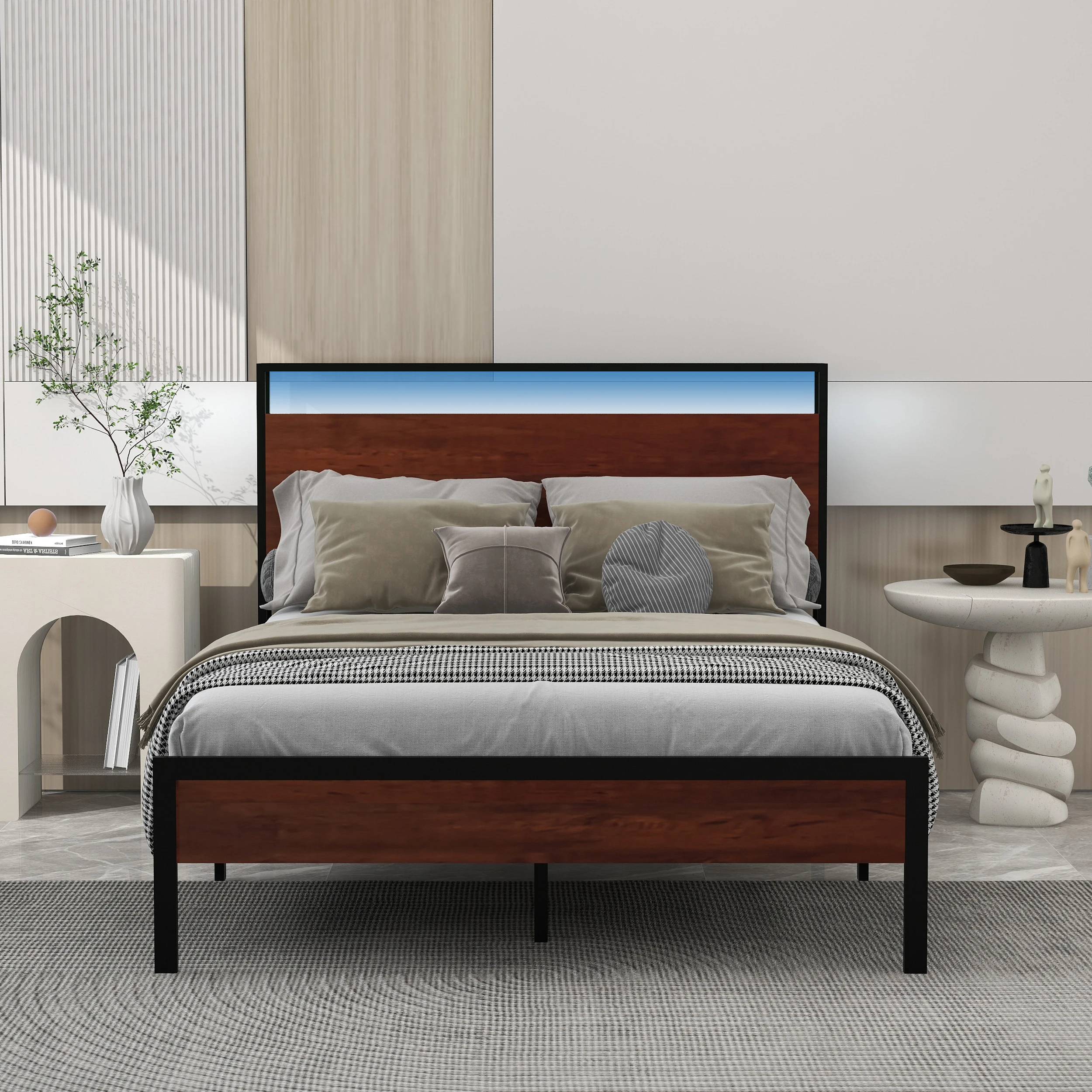 Industrial Bed Frame With Headboard Stoarge, Metal Platform Bed Frame With LED Lights And USB Ports, No Noise Easy Installation