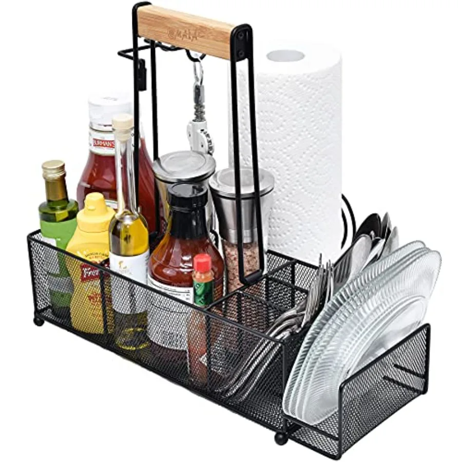 

BBQ and Grill Caddy with Paper Towel Holder Wood Handle and 2 Hooks Camper Accessories Condiment Caddy Plates Cutlery and BBQ O