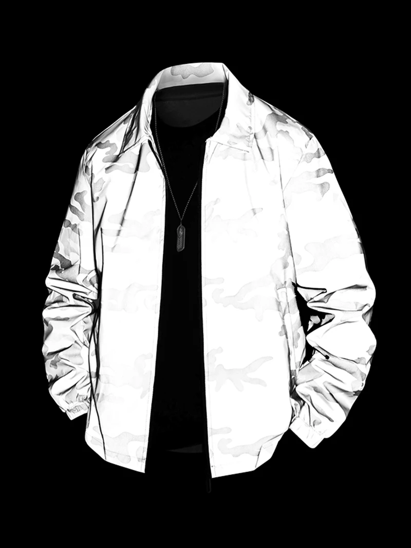 

Reflective Jacket Men Casual Hiphop Windbreaker Night Sporting Coat Camo Turndown Collar Motorcycle Jacket Fluorescent Clothing