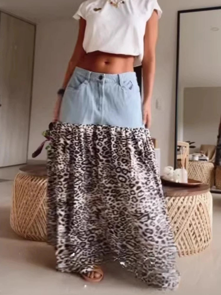 

Vintage Leopard Printed Spliced Skirts Women Fashion High Waisted Button Long Skirt 2026 Casual Pocket Chic Denim Party Skirts